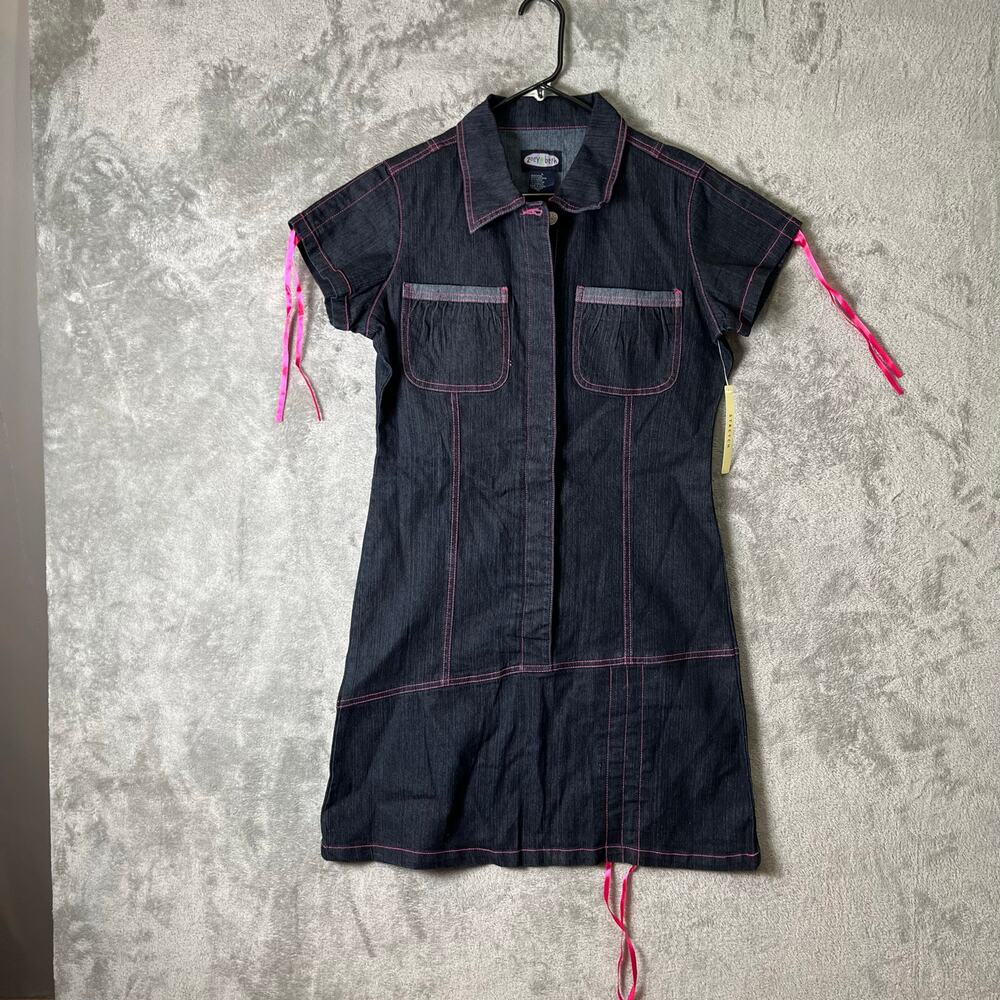 Vintage Y2K Denim Shirt Dress Pink Stitch Tie Sleeve Punk Princess 2000s Large